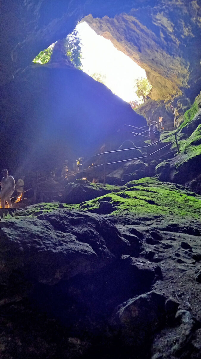 Άποψη της εισόδου του Δικταίου Άντρου από το εσωτερικό του. Διακρίνονται οι μεγάλοι καταπεσμένοι βράχοι που σχηματίζουν το απότομο πρανές. Πηγή εικόνας: Υπουργείο Πολιτισμού.