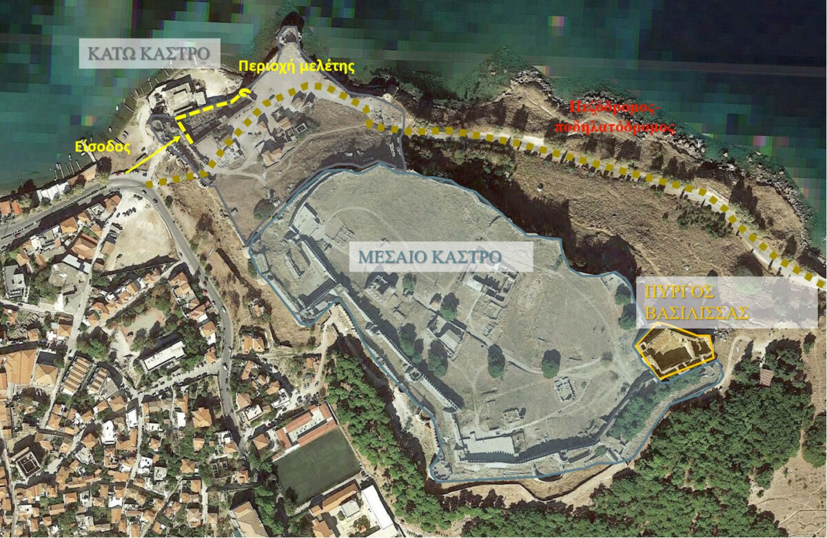 Η διάρθρωση του Κάστρου σε τρεις γραμμές οχύρωσης και η περιοχή μελέτης στο Κάτω Κάστρο. Πηγή εικόνας: ΥΠΠΟ.