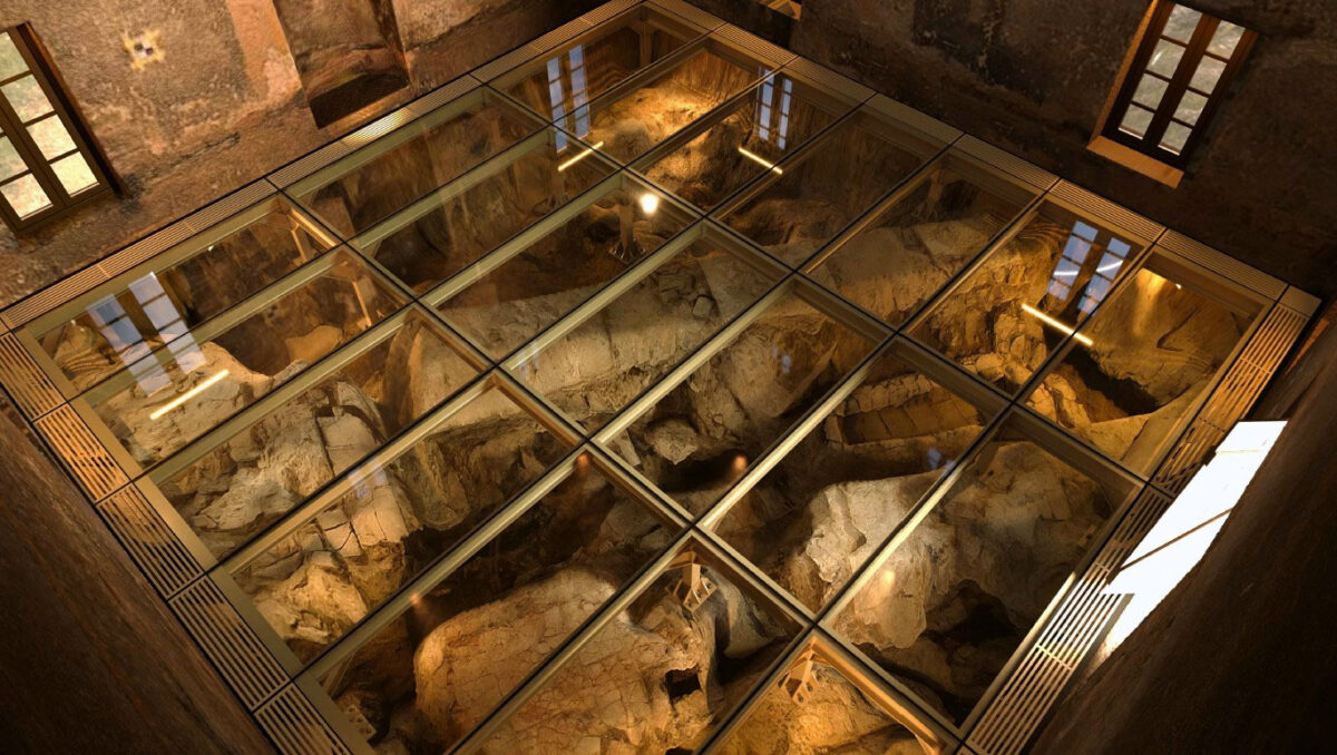 Τρισδιάστατη απεικόνιση των ευρημάτων με το γυάλινο δάπεδο. Πηγή εικόνας: ΥΠΠΟ.