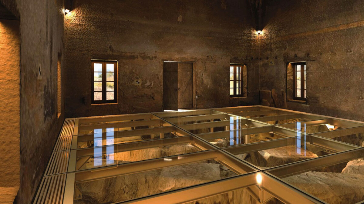 Τρισδιάστατη απεικόνιση των ευρημάτων με το γυάλινο δάπεδο. Πηγή εικόνας: ΥΠΠΟ.