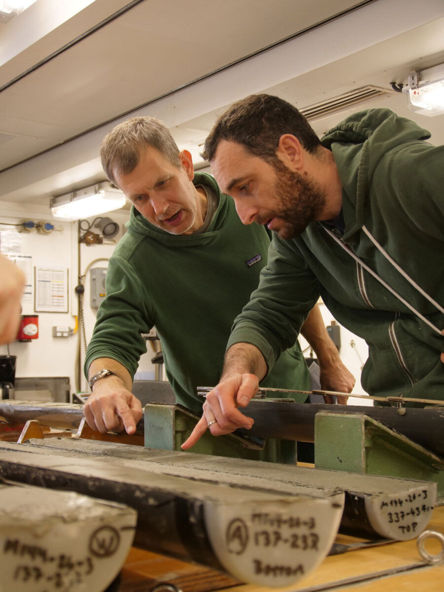 Ο Ανδρέας Κουτσοδενδρής (δεξιά) και ο Γιοργκ Προς (αριστερά) στο ερευνητικό σκάφος METEOR. Φωτ.: Bertil Machtle.