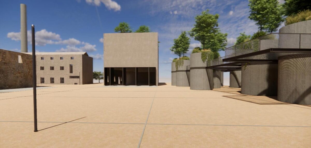 Φωτορεαλιστική απεικόνιση της διαμόρφωσης του υπαίθριου χώρου με χρήση μέρους των σιλό για φύτευση. Πηγή εικόνας: ΥΠΠΟ.