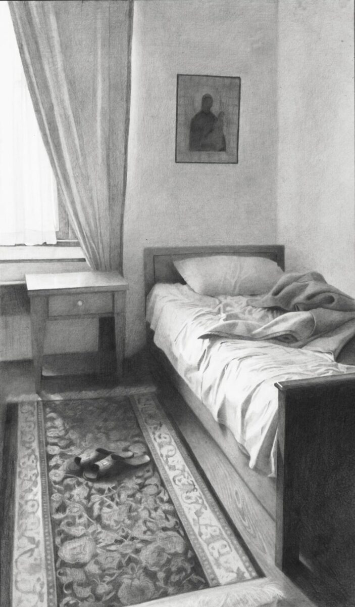 Έργο από την έκθεση ζωγραφικής «Γιώργος Ταξίδης. Άγιον Όρος. Τόπος σιωπής». Πηγή εικόνας: Αγιορειτική Εστία.