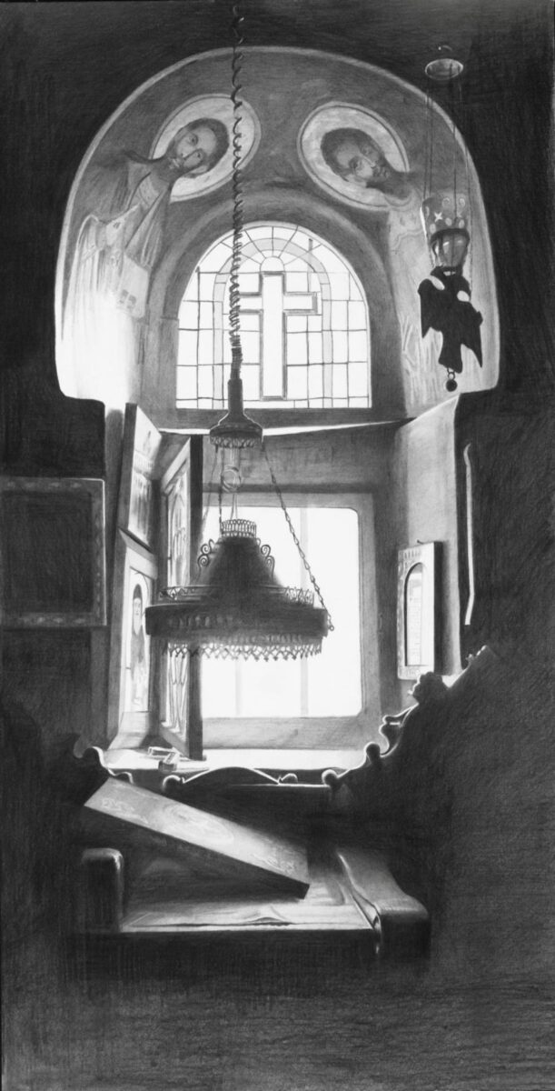 Έργο από την έκθεση ζωγραφικής «Γιώργος Ταξίδης. Άγιον Όρος. Τόπος σιωπής». Πηγή εικόνας: Αγιορειτική Εστία.