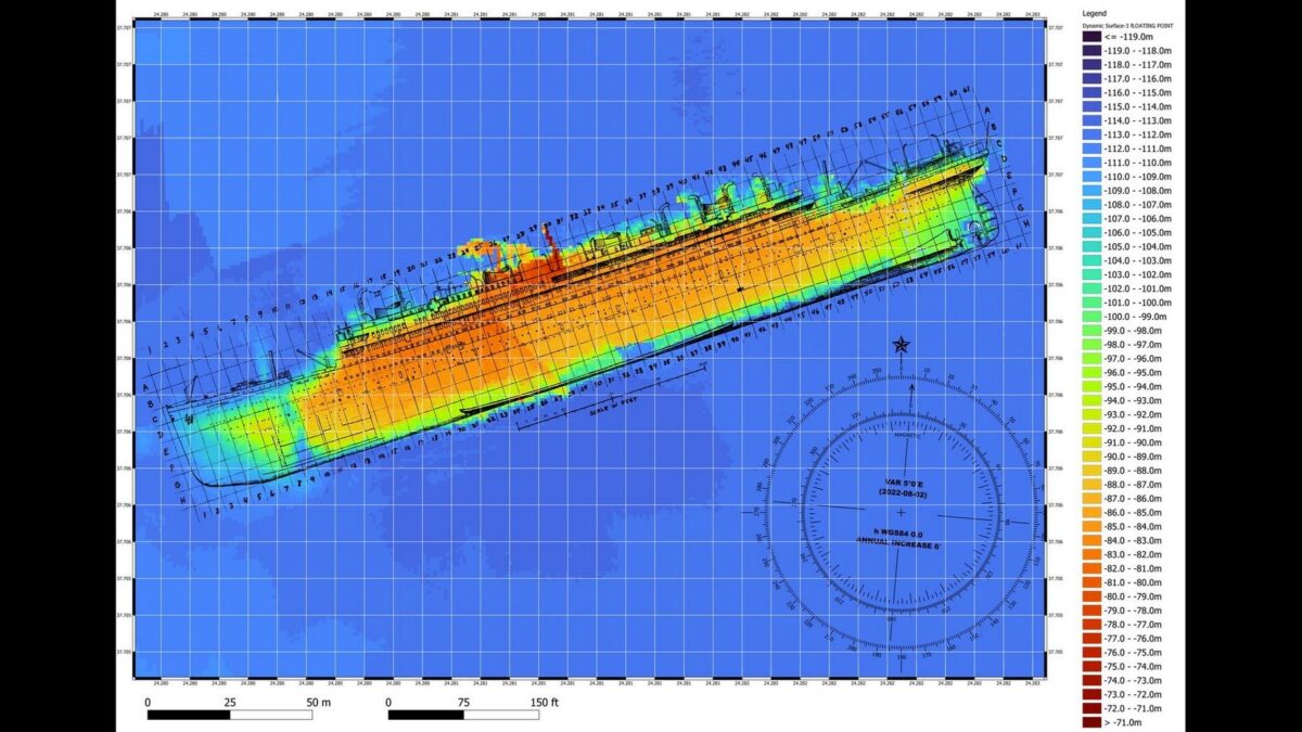 Καταγραφή του ναυαγίου από πολυδεσμικό ηχοβολιστικό σύστημα (multibeam sonar). Πηγή εικόνας: ΥΠΠΟ.