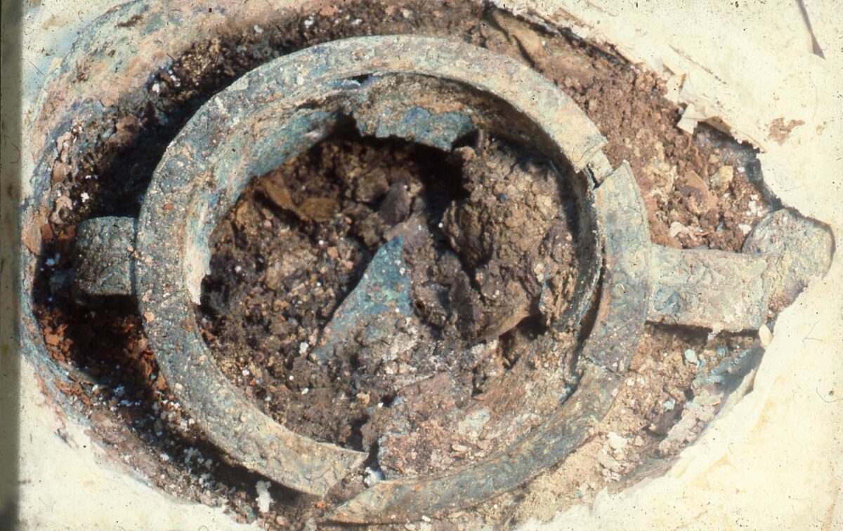 O τεφροδόχος κρατήρας όπου βρέθηκαν τα κατάλοιπα του άρχοντα και το ύφασμα. Πηγή: ΕΑΜ / Αρχείο Αναστάσιου Μαργαριτώφ.
