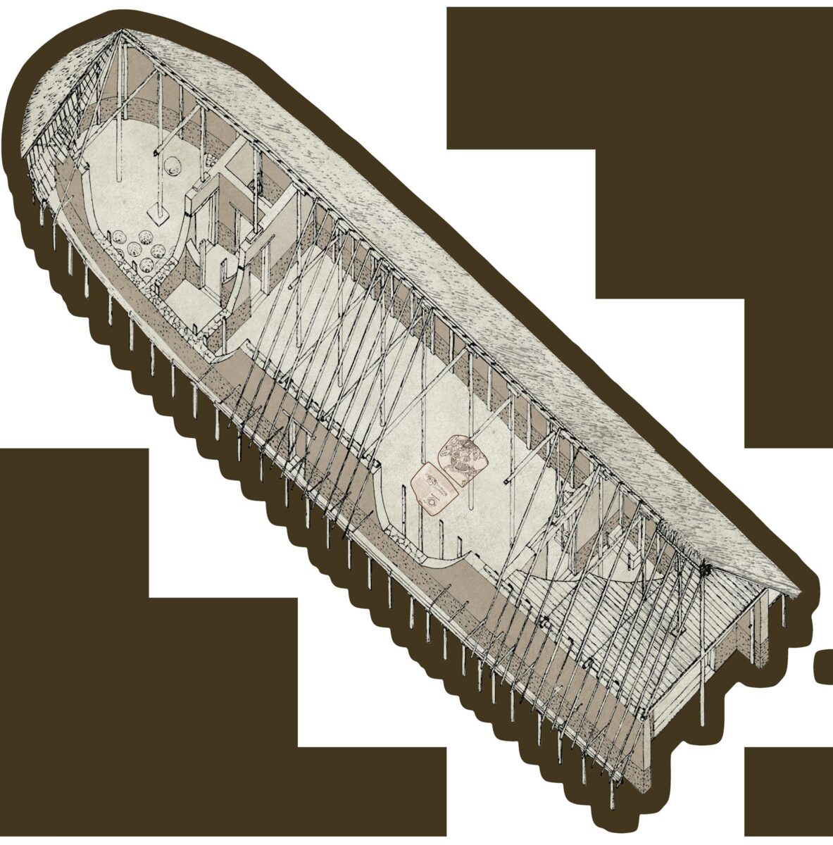 Aξονομετρικό σχέδιο του μνημειώδους αψιδωτού κτηρίου στην Τούμπα Λευκαντίου. Πηγή: ΕΑΜ / M.R. Popham / P.G. Calligas / L.H. Sackett [επιμ.], «Lefkandi II: the Protogeometric Building at Toumba. Part 2: the Excavation, Architecture and Finds», Oxford 1993, πιν. 28).