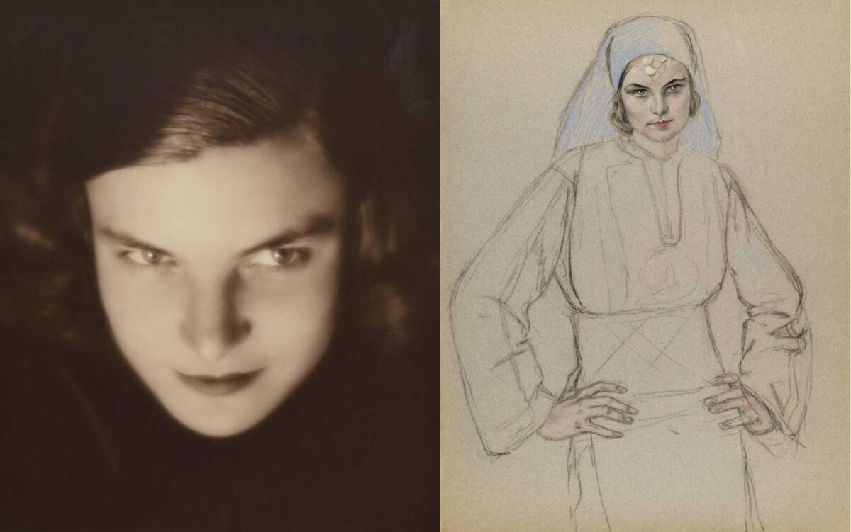 Nelly’s (Έλλη Σουγιουλτζόγλου-Σεϊραδάρη). Η Ειρήνη Καλλιγά, το γένος Μπενάκη, 1932 (αριστερά). Nicolas Sperling, «Γυναικεία μορφή με ενδυμασία από την Ανατολική Ρωμυλία (Καβακλί)», παστέλ και μολύβι σε χαρτί. Εικονίζεται η Ειρήνη Καλλιγά (δεξιά) (Μουσείο Μπενάκη).