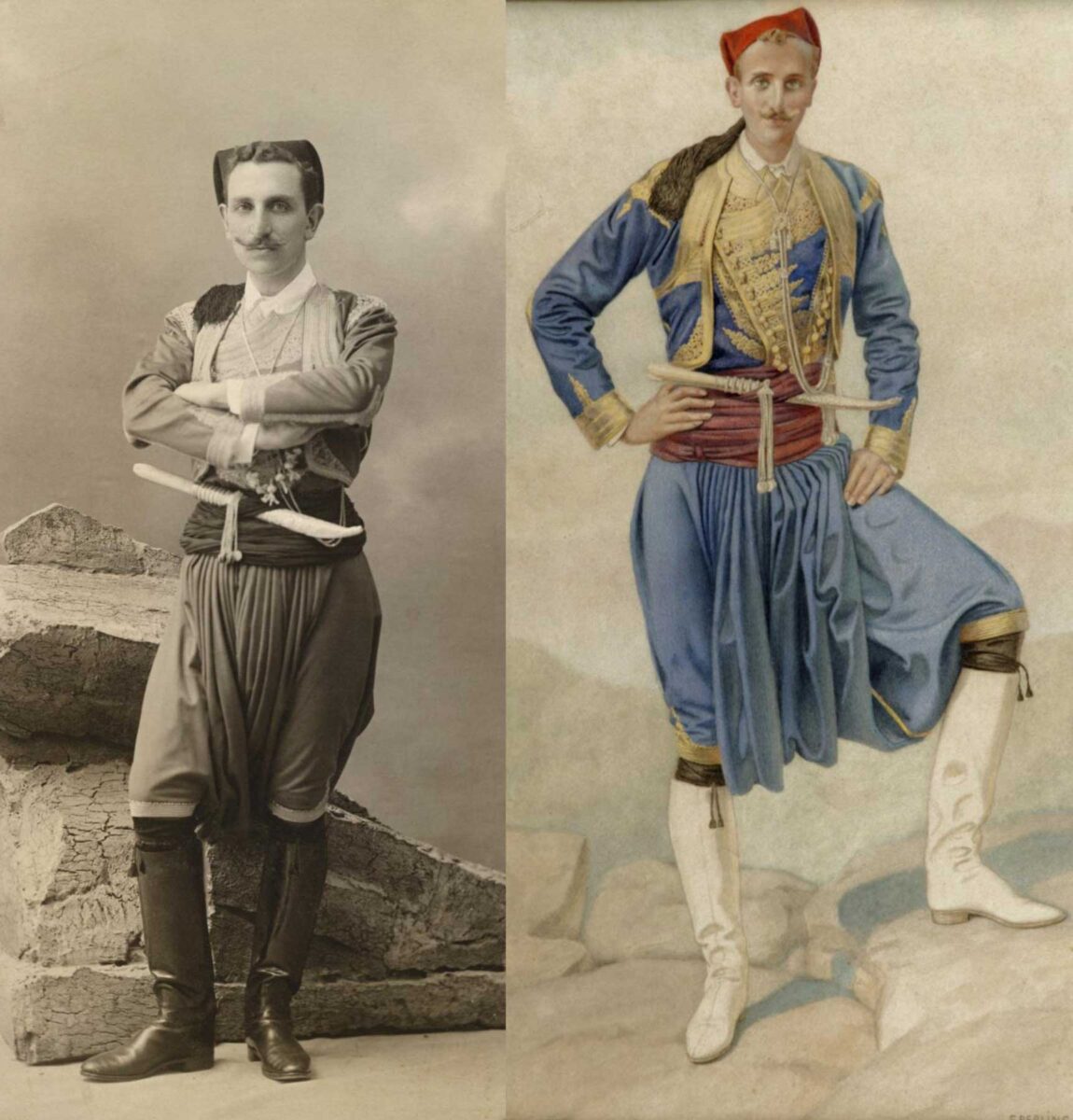 Ο Αλέξανδρος Μπενάκης με κρητική ενδυμασία, 1912-13 (αριστερά). Nicolas Sperling, «Κρήτη - αστική», υδατογραφία σε χαρτί. Εικονίζεται ο Αλέξανδρος Μπενάκης (δεξιά) (Μουσείο Μπενάκη).