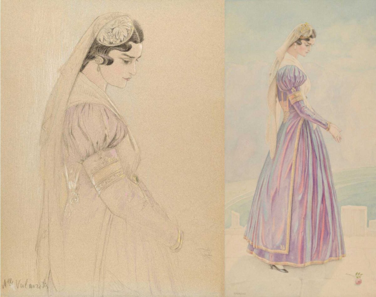 Nicolas Sperling, «Η κυρία Βαλαωρίτου με ενδυμασία Λευκάδας», παστέλ και μολύβι σε χαρτί (αριστερά). Nicolas Sperling, «Λευκάς - Νυμφικόν», υδατογραφία σε χαρτί. Εικονίζεται η Ελένη Βαλαωρίτου (δεξιά) (Μουσείο Μπενάκη).