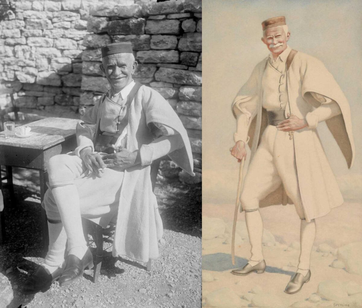 Σπύρος Μελετζής, ο Ιωάννης Βλαχιώτης από την Κάτω Μερόπη Πωγωνίου, 1937-38 (αριστερά). Nicolas Sperling, «Χωρικός Πωγωνίου», υδατογραφία σε χαρτί. Εικονίζεται ο Ιωάννης Βλαχιώτης (δεξιά) (Μουσείο Μπενάκη). 