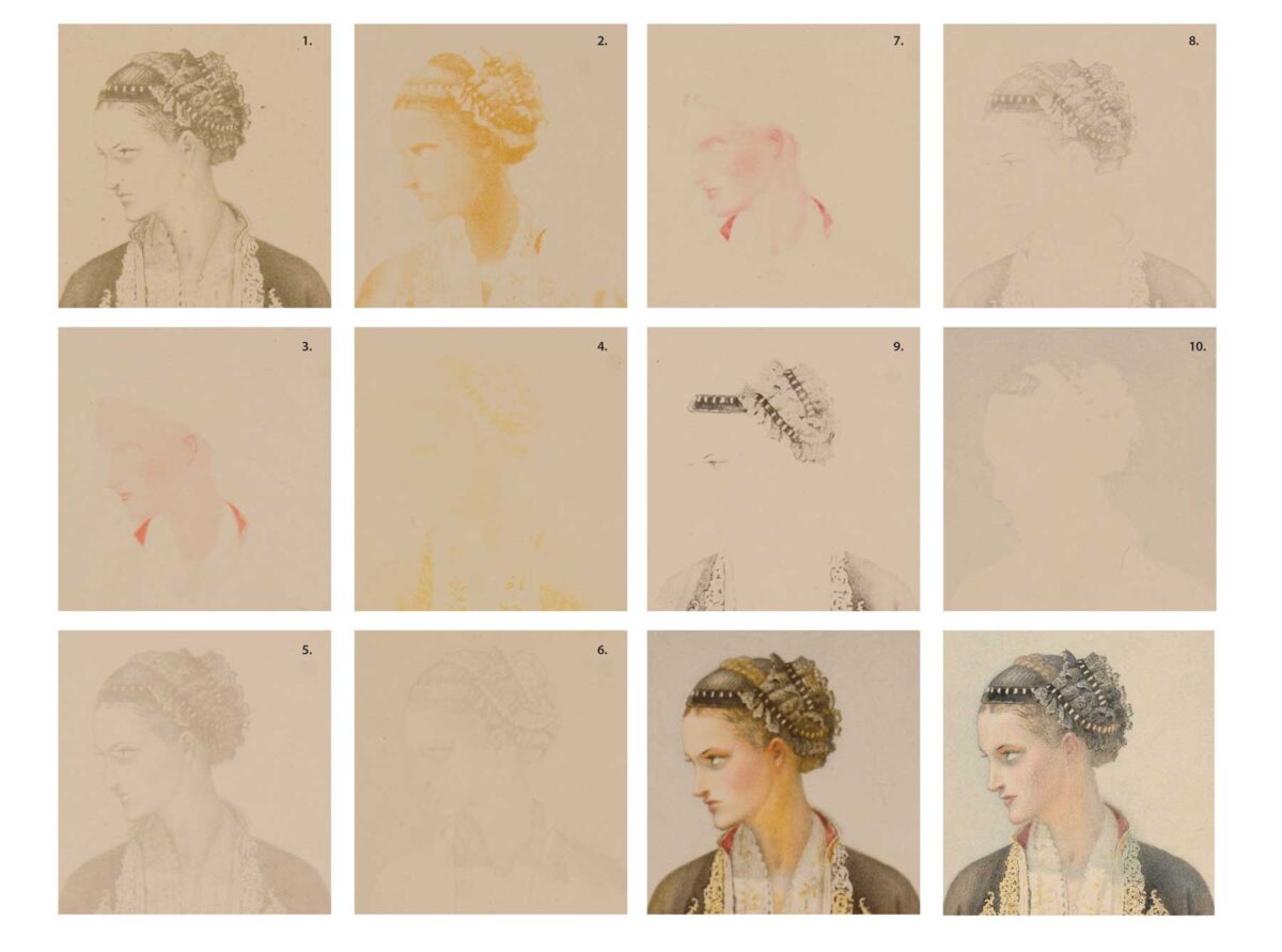 Ψηφιακή σύνθεση με τα 10 χωριστά λιθογραφημένα δοκίμια (1 -10) που παρήχθησαν κατά τη διαδικασία εκτύπωσης του πίνακα 46α του Nicolas Sperling. Στο τέλος, σύγκριση του δεκάχρωμου εκτυπωμένου αντιτύπου (αριστερά) και της πρωτότυπης υδατογραφίας της ενδυμασίας «Βέρροια» (δεξιά) (ΙΑ / ΕΤΕ, Συλλογή Εταιρείας Γραφικών Τεχνών Ασπιώτη – ΕΛΚΑ).