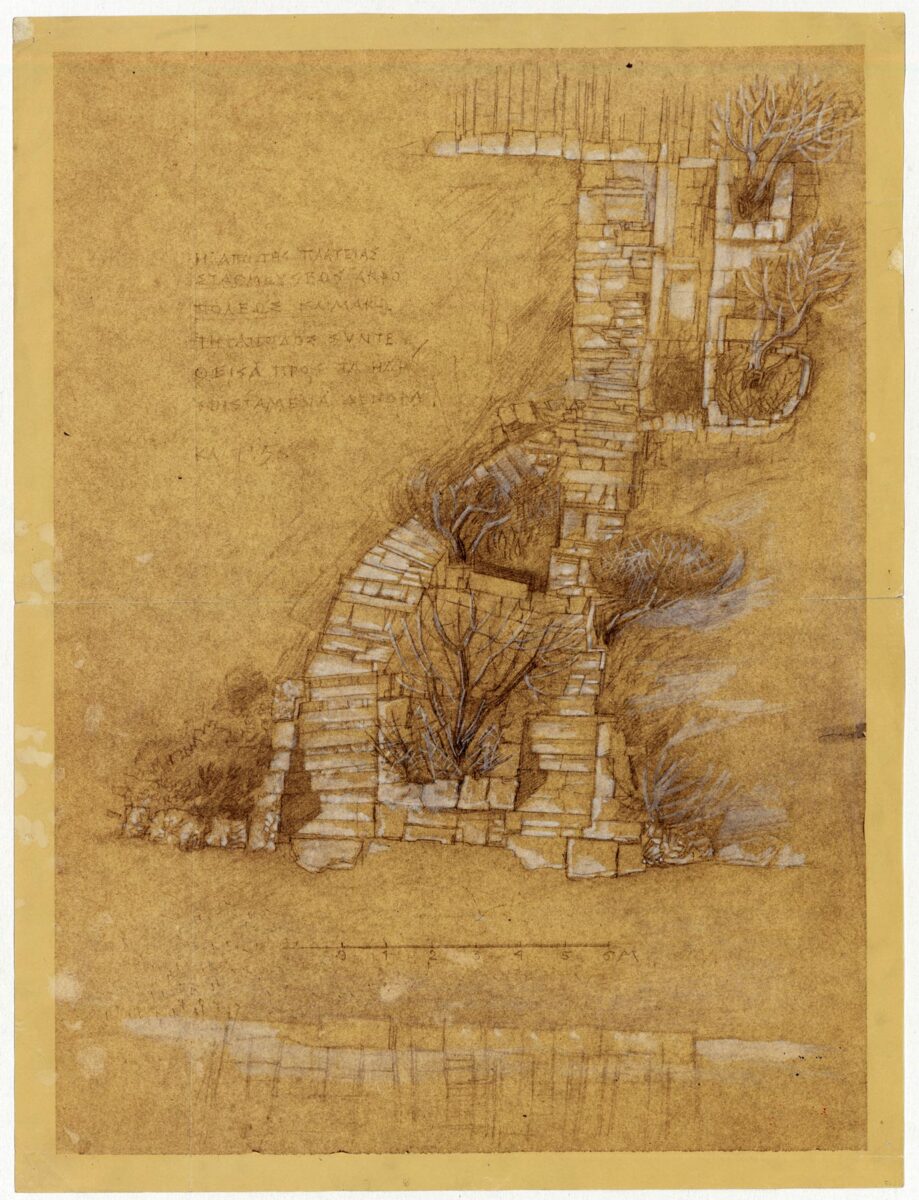 Δημήτρης Πικιώνης, Ακρόπολη – Φιλοπάππου, 1954-1957. Κάτοψη κλιμακωτής ανόδου από την πλατεία στάθμευσης προς την Ακρόπολη. Πηγή εικόνας: Μουσείο Μπενάκη.