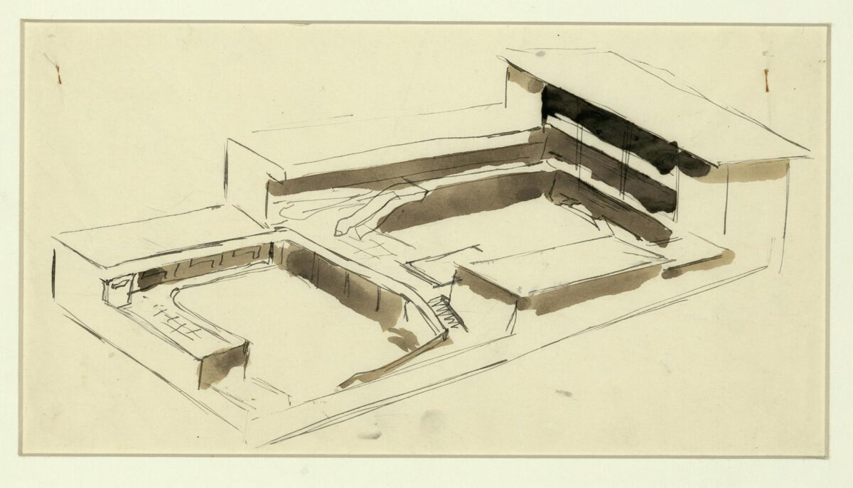 Δημήτρης Πικιώνης, Πειραματικό Σχολείο Θεσσαλονίκης, 1935, αξονομετρικό σκίτσο. Πηγή εικόνας: Μουσείο Μπενάκη.