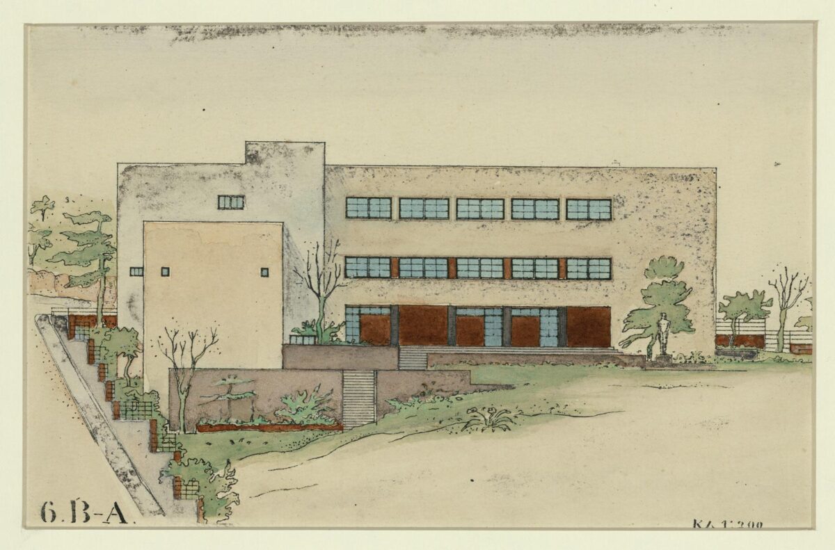 Δημήτρης Πικιώνης Δημοτικό σχολείο στα Πευκάκια (Λυκαβηττός), 1931, όψη βορειοδυτική. Πηγή εικόνας: Μουσείο Μπενάκη.