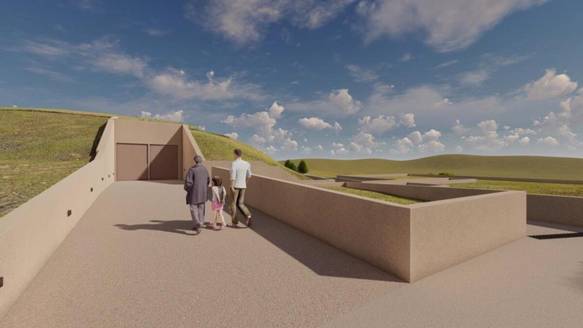 Φωτορεαλιστική απεικόνιση του κεντρικού κτηρίου προστασίας των αρχαιολογικών συνόλων του τύμβου.  Πηγή εικόνας: ΥΠΠΟ.