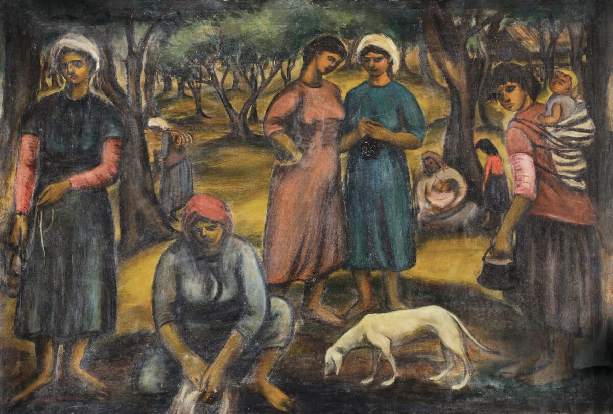 Βάσω Κατράκη, «Γυναίκες στον ελαιώνα», περ. 1941-1942. Συλλογή οικογένειας Μαριάννας Κατράκη Δεσποτίδη.