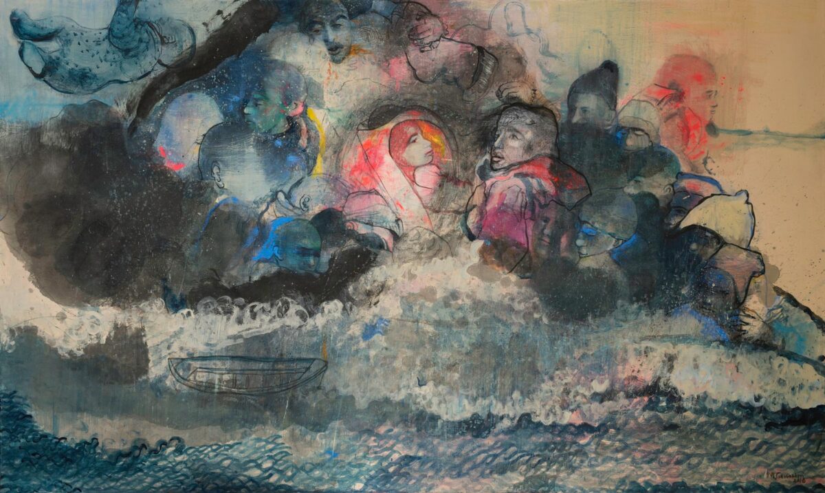 Μαρία Γιαννακάκη (1958), «Πάτερ ημών», 2016. Μικτή τεχνική σε μετάξι μαρουφλαρισμένο σε καμβά 120x200 εκ. (αρ. έργου: 5337).