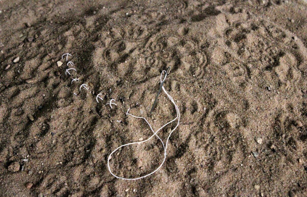 Κατερίνα Κατσιφαράκη (1970), «Κατερίνα Αναγνωστάκη Πολέντα (1924-2016)», 2016. Εφήμερη εγκατάσταση (έρημος, νήμα, βελόνα), inkjet τύπωμα σε fine art χαρτί, μεταβλητές διαστάσεις. Συλλογή της καλλιτέχνιδας.