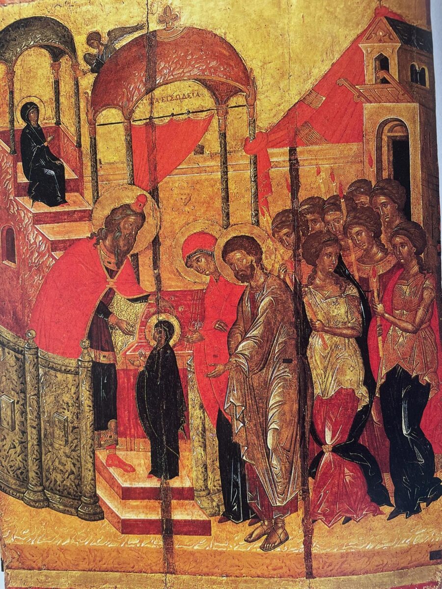 Άγγελου Ακοτάντου, «Εισόδια της Θεοτόκου», 15ος αι. 100x70 εκ. Πηγή: «Εικόνες της Κρητικής Τέχνης (Από τον Χάνδακα ως την Μόσχα και την Αγία Πετρούπολη)», αρ. εικ. 204.