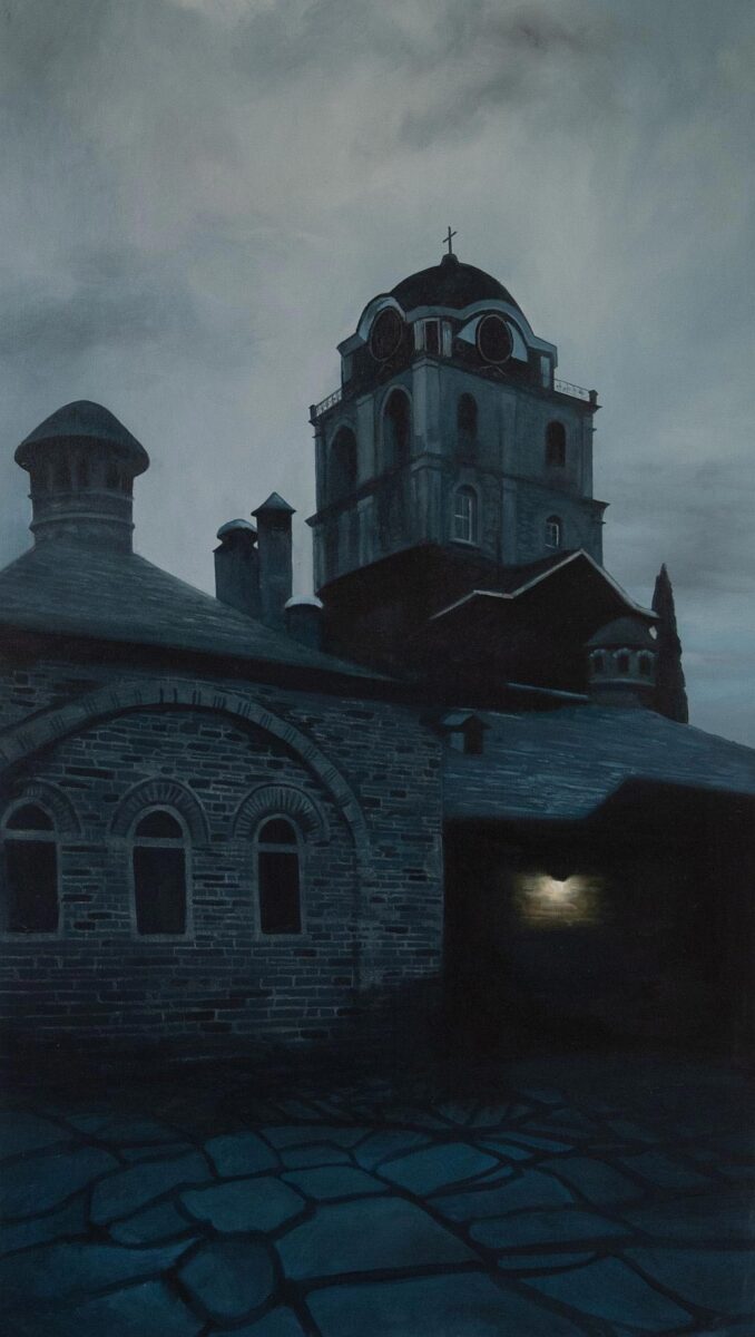 Γιώργος Ταξίδης, «Ιερά Μονή Ιβήρων, καμπαναριό», λάδι σε ξύλο, 109x62,5 εκ., 2023.