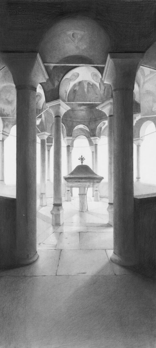 Γιώργος Ταξίδης, «Ιερά Μονή Βατοπεδίου, φιάλη», μολύβι σε χαρτί, 57x26 εκ., 2023.