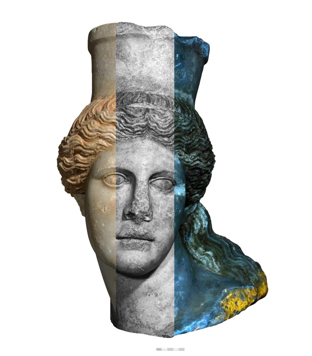 Κεφάλι ανατολικής Σφίγγας φωτογραφημένο με διαφορετικές τεχνικές. Από αριστερά: α) στο ορατό φάσμα, β) στο υπεριώδες φάσμα, γ) φθορισμός υπό υπεριώδη ακτινοβολία, καταγραφόμενος στο ορατό. Πηγή εικόνας: ΥΠΠΟ.