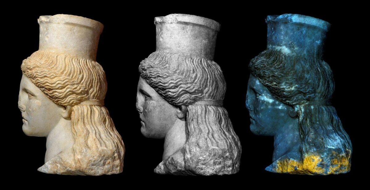 Τύμβος Καστά, ταφικό μνημείο. Κεφάλι ανατολικής Σφίγγας, ψηφιακή σύνθεση τριών διαφορετικών τεχνικών φωτογράφισης (ορατό, υπεριώδες φάσμα και φθορισμός υπό υπεριώδη ακτινοβολία). Πηγή εικόνας: ΥΠΠΟ.