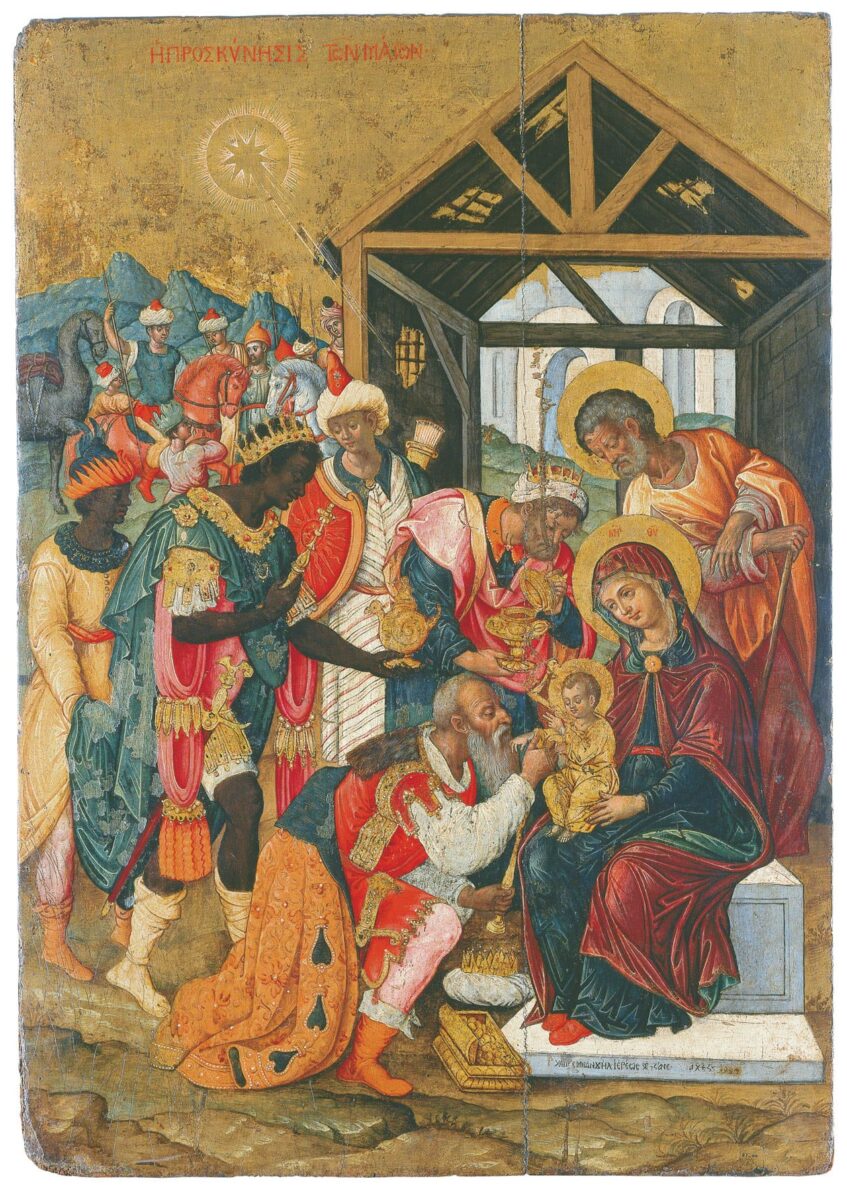 «Η Προσκύνηση των Μάγων», έργο του Εμμανουήλ Τζάνε, 1667. Βυζαντινό και Χριστιανικό Μουσείο, Συλλογή Λοβέρδου (ΒΧΜ 13158).