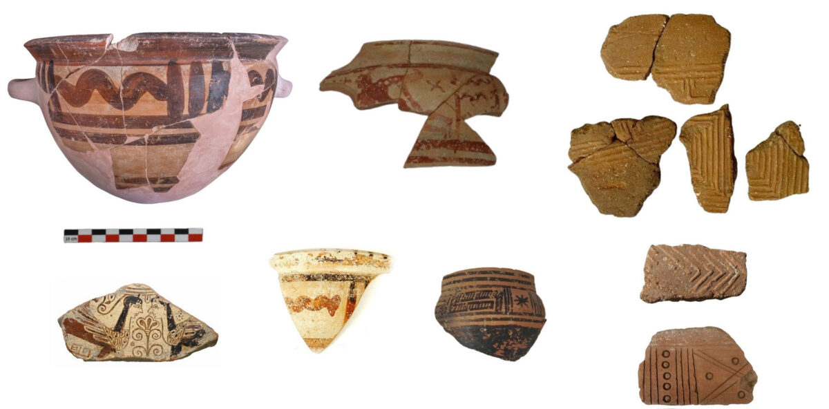 Εικ. 3:  Αγγεία αρχαϊκών χρόνων από τα κτίρια της εγκατάστασης στη Μάντρα. Πηγή εικόνας: ΥΠΠΟ.