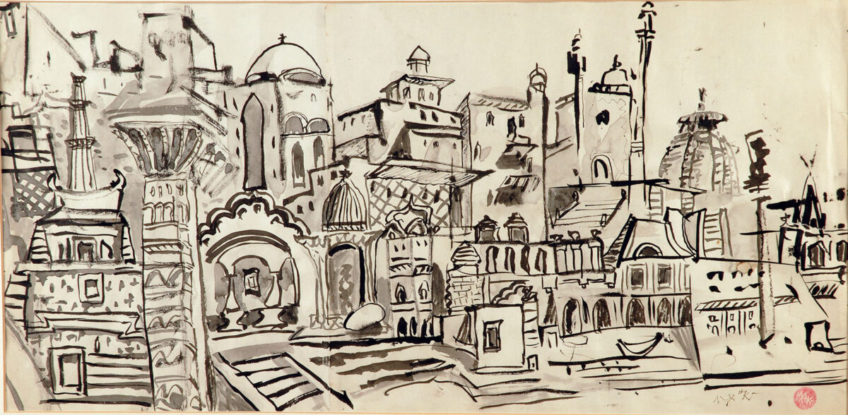 Νίκος Χατζηκυριάκος-Γκίκας, «Μπενάρες, Ινδία», 1958. Αραιωμένο μελάνι και πινέλο σε χαρτί, 27,5x57,5 εκ. Μουσείο Μπενάκη / Πινακοθήκη Γκίκα, Αθήνα.