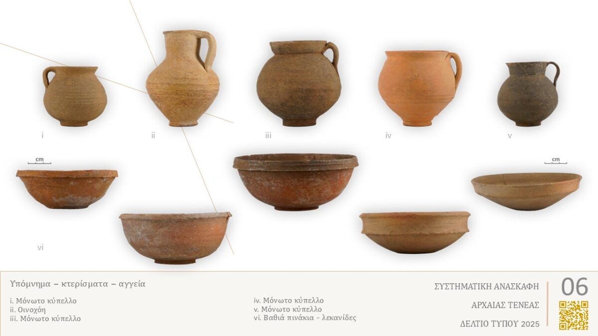 Εικ. 6: Κτερίσματα-αγγεία που ήρθαν στο φως κατά τη συστηματική ανασκαφή στην Αρχαία Τενέα. Πηγή εικόνας: ΥΠΠΟ.