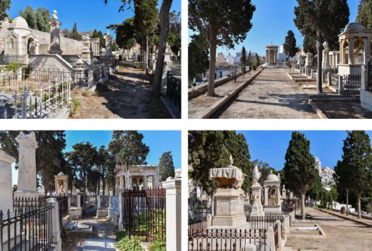 Άποψη του ταφικού γλυπτού διάκοσμου στο κοιμητήριο Αγίου Γεωργίου της Ερμούπολης. Πηγή εικόνας: ΥΠΠΟ.