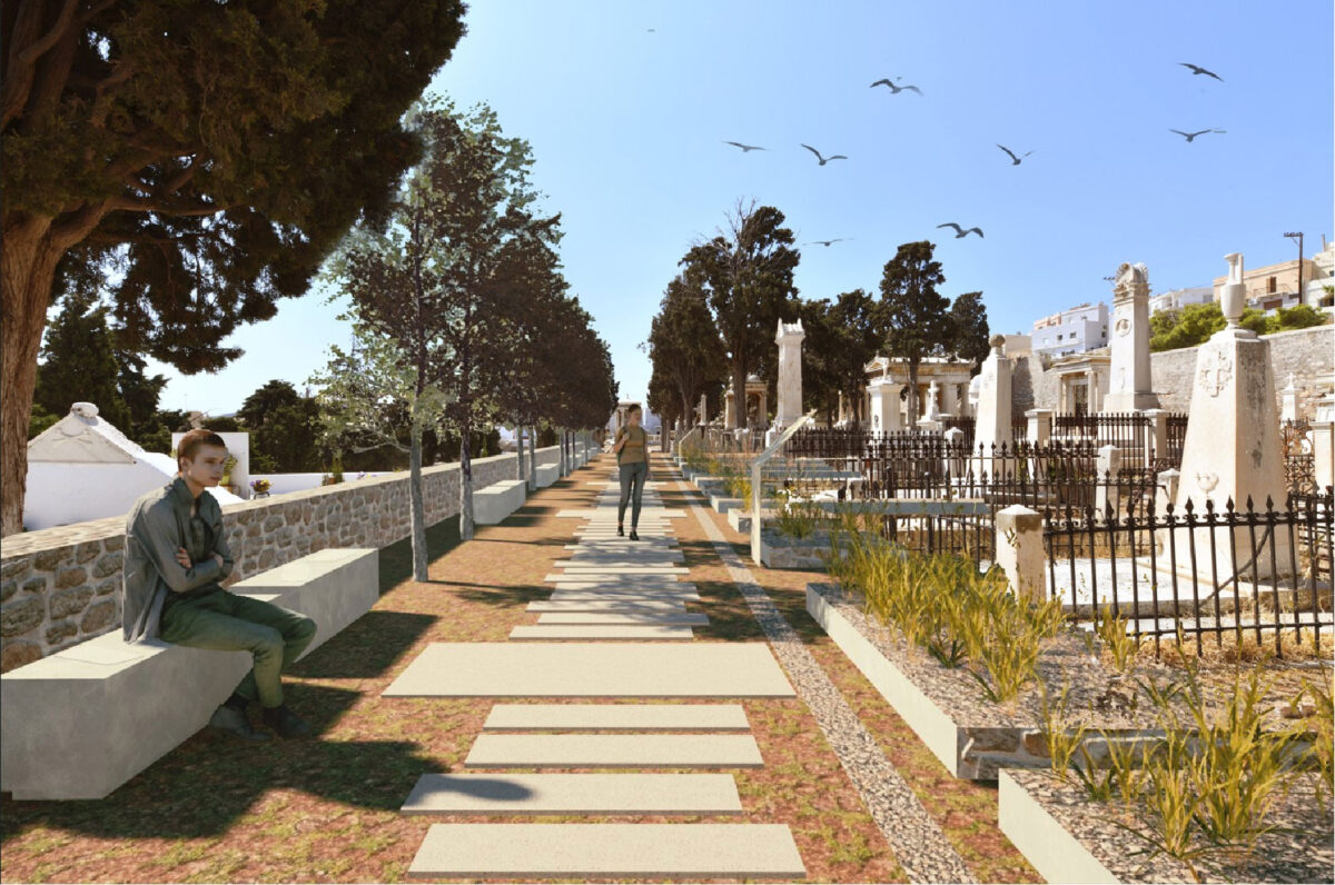 Φωτορεαλιστική απεικόνιση ανάδειξης του περιβάλλοντος χώρου στο κοιμητήριο Αγίου Γεωργίου. Πηγή εικόνας: ΥΠΠΟ.