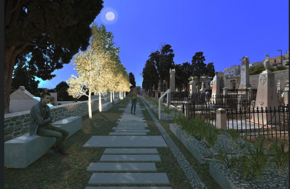 Φωτορεαλιστική απεικόνιση ανάδειξης του περιβάλλοντος χώρου του κοιμητηρίου με τον φωτισμό ανάδειξης. Πηγή εικόνας: ΥΠΠΟ.