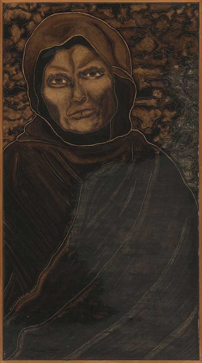 Σούλα Πιτέρη, «Η Φραγκογιαννού», 1977, λάδι, 118,5x65 εκ. Συλλογή Σούλας Πιτέρη. Πηγή εικόνας: Τελλόγλειο Ίδρυμα Τεχνών.