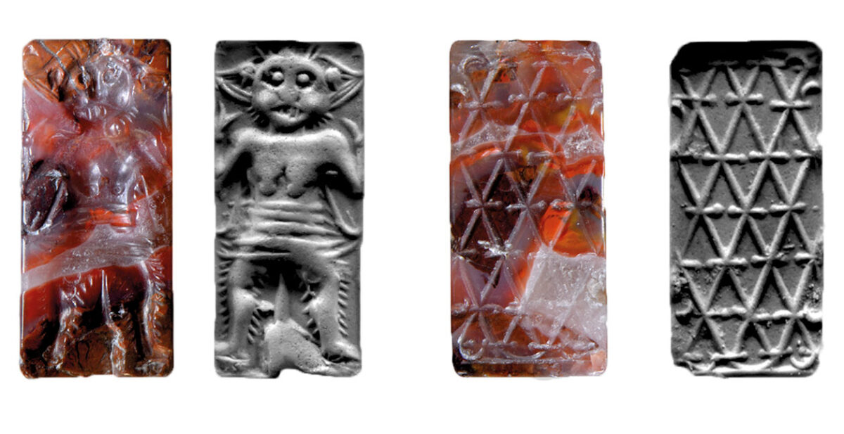 Ορθογώνιου σχήματος σφραγίδα από αχάτη, πρόσθιες όψεις και αποτυπώματα. Φωτ.:O. Krzyszkowska.