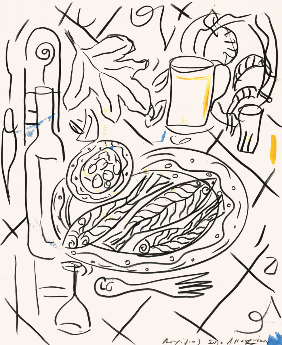 Αντώνης Καστρινάκης, «Μεσημεριανό γεύμα», 2010. Κραγιόνια σε χαρτί, 56x46 εκ. Πηγή εικόνας: Μουσείο Μπενάκη.