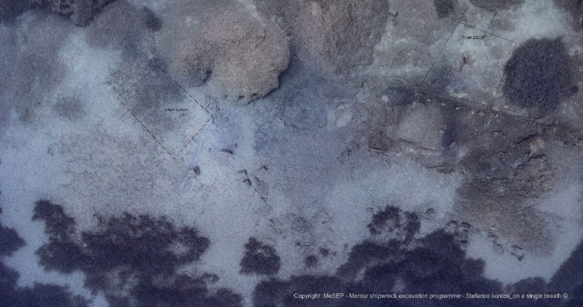 Εικ. 1: Γενική άποψη του χώρου του ναυαγίου με τη θέση των τομών 1–2. © Στ. Κόντος. Πηγή εικόνας: ΥΠΠΟ.