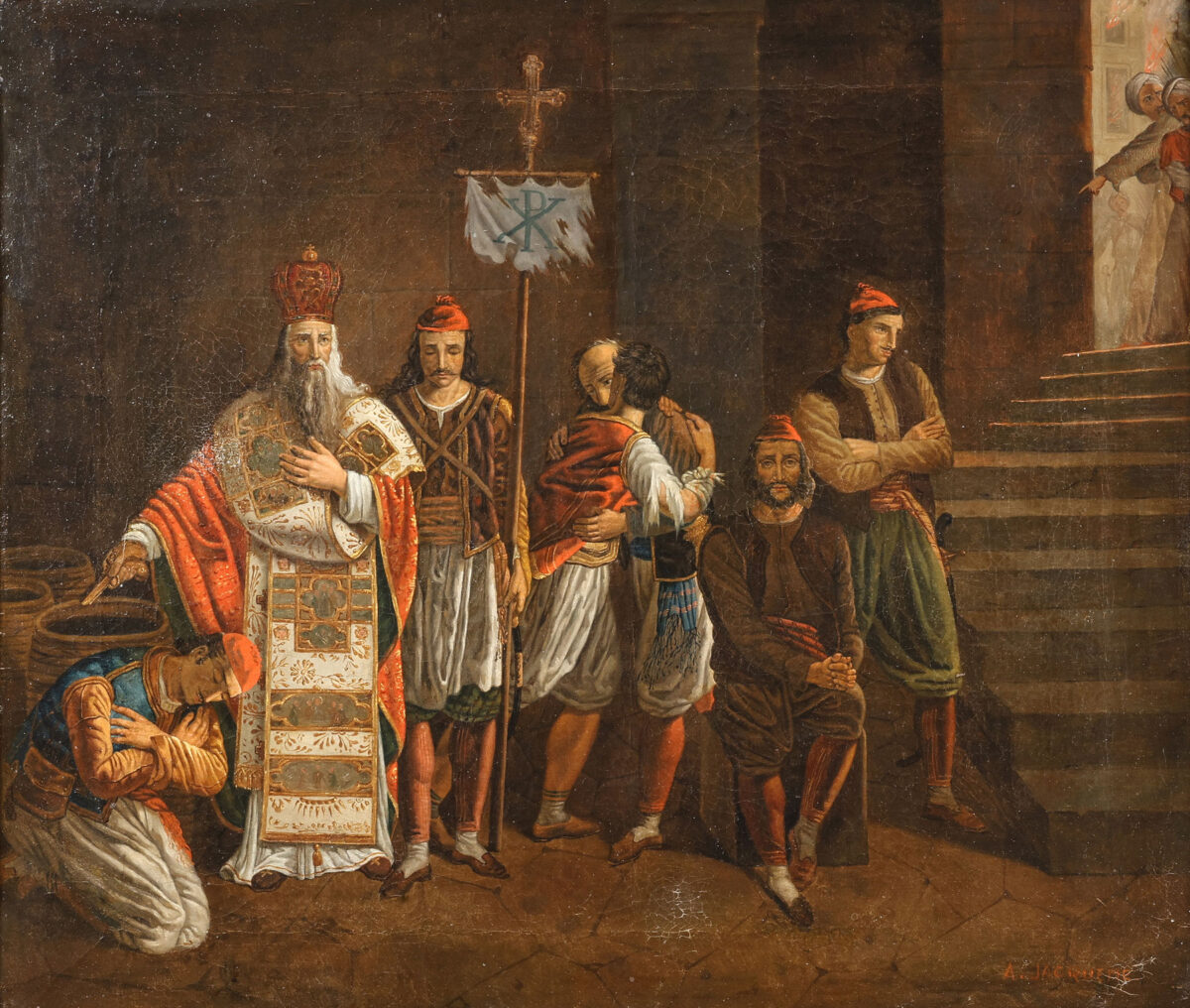 A. Jaquème, «Οι εναπομείναντες της φρουράς του Μεσολογγίου τη στιγμή που βάζουν φωτιά στην πυριτιδαποθήκη για να ανατιναχθούν», ελαιογραφία, Συλλογή Μιχάλη και Δήμητρας Βαρκαράκη.