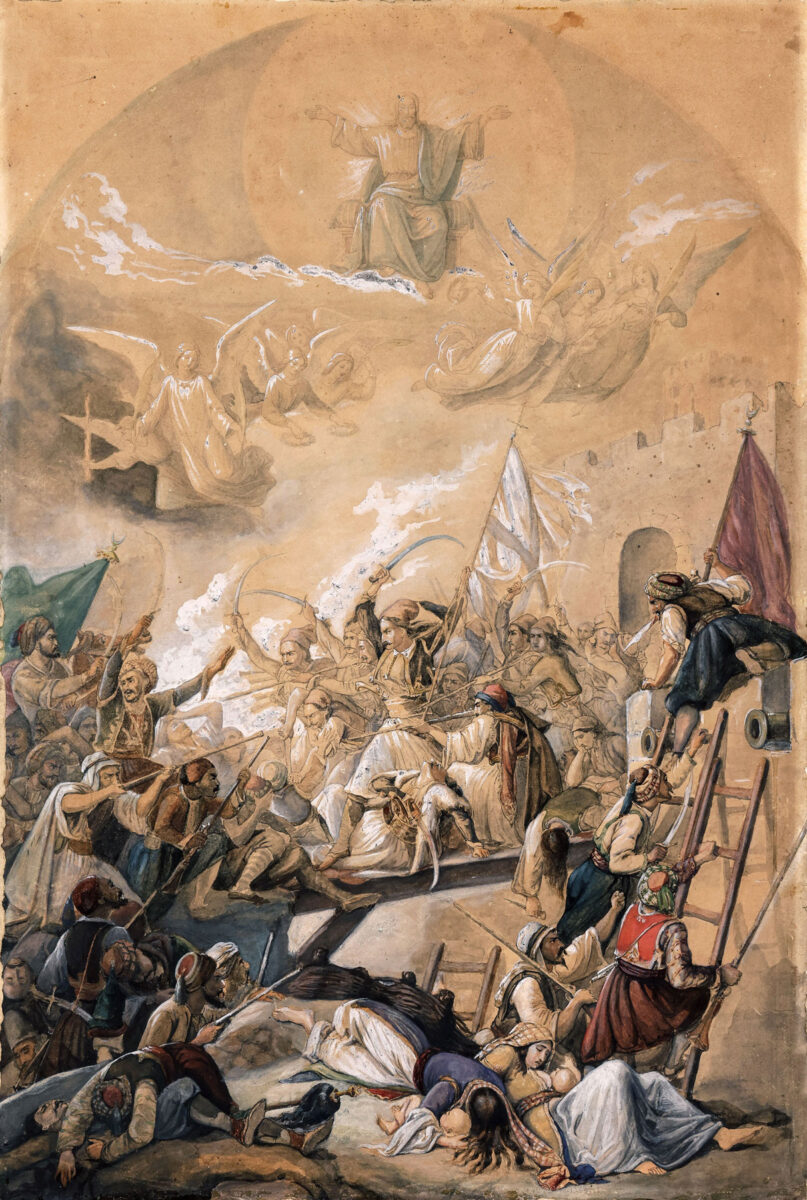 «Η Έξοδος του Μεσολογγίου» [1850], υδατογραφία σε χαρτί, Εθνικό Ιστορικό Μουσείο.