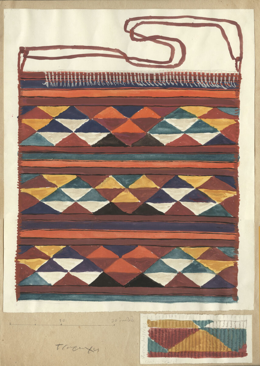 Γιάννης Τσαρούχης, «Υφαντό ταγάρι», σχέδιο με υδατόχρωμα. Απεικονίζει ταγάρι από το Γεράκι, για την Εταιρεία Ελληνικές Τέχνες, Α.Ε., περ. 1931. Μουσείο Μπενάκη.