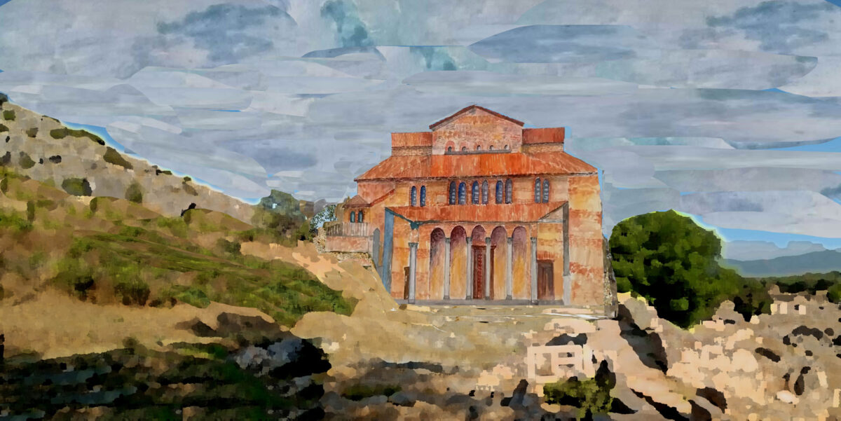 Εικ. 26. Ζωγραφική απόδοση της Βασιλικής Α Φιλίππων από τη ζωγράφο-ψηφιδογράφο Δήμητρα Καμαράκη. Η απόδοση της Βασιλικής Α βασίστηκε στη σχεδιαστική αναπαράσταση του P. Lemerle. 