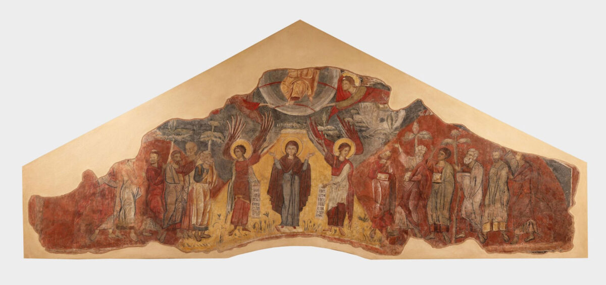 Η Ανάληψη. Αποτοιχισμένη τοιχογραφία [Τ145] από τον κατεδαφισμένο ναό της Παναγίας Κυριώτισσας, στη Βέροια. 4,16x1,36 μ., β΄ μισό 15ου αι. Βυζαντινό Μουσείο Βέροιας.