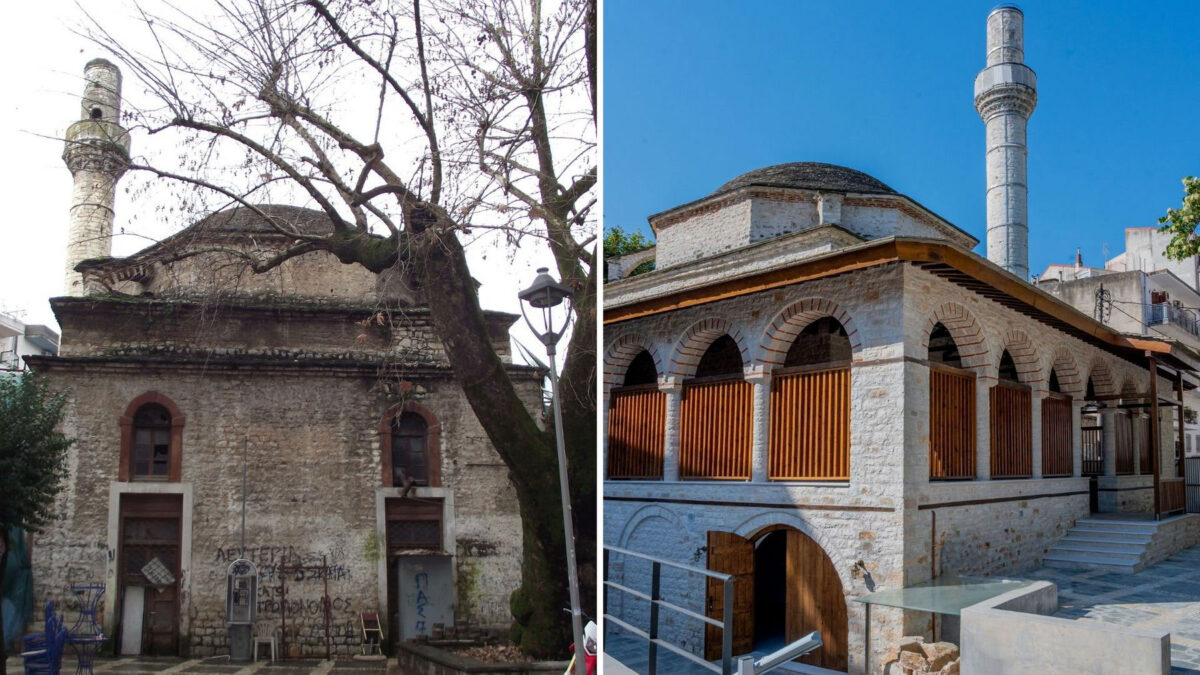 Το Τζαμί Καλούτσιανης πριν και μετά τις εργασίες. Πηγή εικόνας: ΥΠΠΟ.
