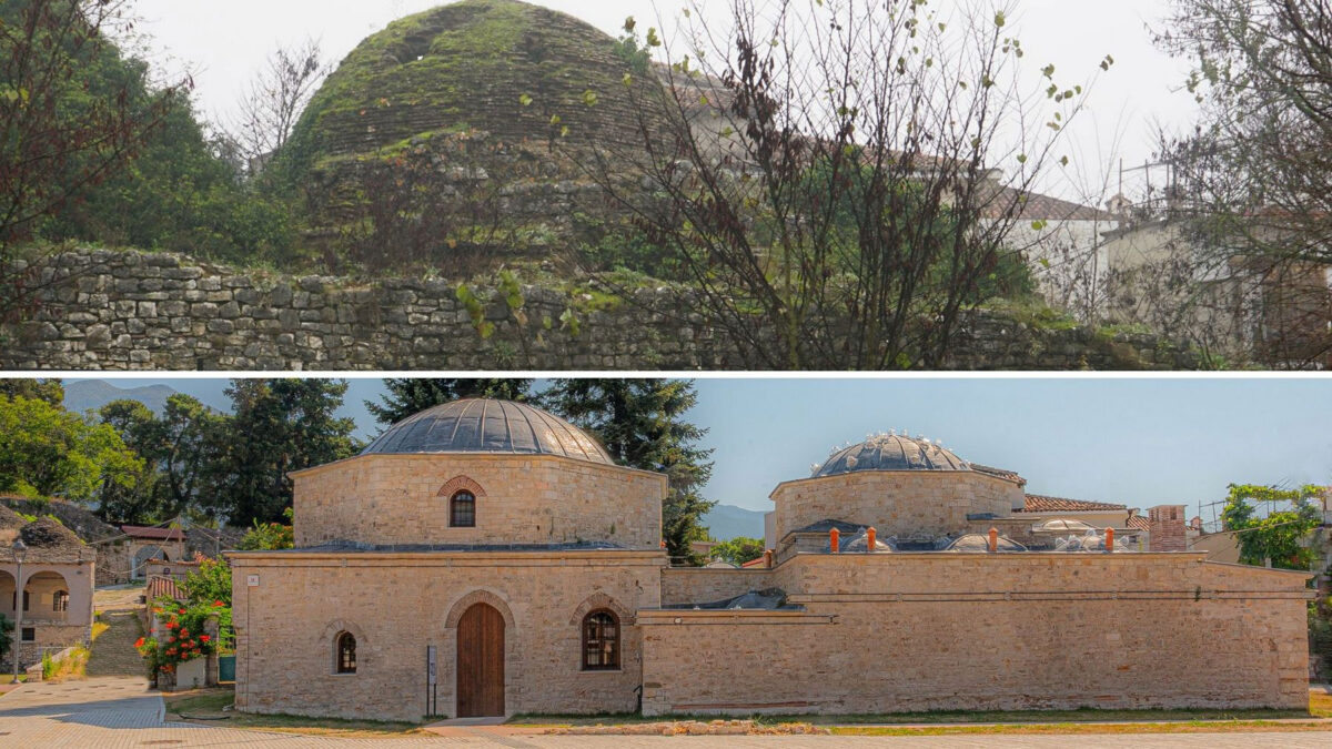 Το οθωμανικό λουτρό πριν και μετά την αποκατάσταση. Πηγή εικόνας: ΥΠΠΟ.