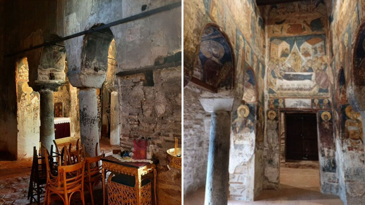 Άποψη του εσωτερικού του Ιερού Ναού Ταξιάρχη Μητροπόλεως πριν και μετά την αποκατάσταση. Πηγή εικόνας: ΥΠΠΟ.