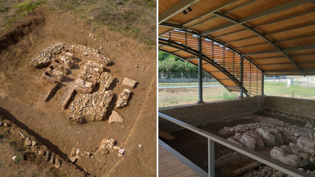 Ο κεραμικός κλίβανος στον αρχαιολογικό χώρο Ευρωπού πριν και μετά την τοποθέτηση στεγάστρου. Πηγή εικόνας: ΥΠΠΟ. 
