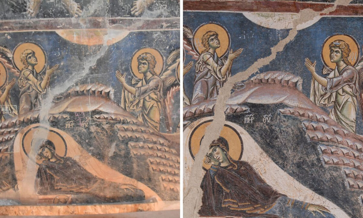 Η Γέννηση του Χριστού πριν και μετά τις εργασίες. Πηγή εικόνας: ΥΠΠΟ.