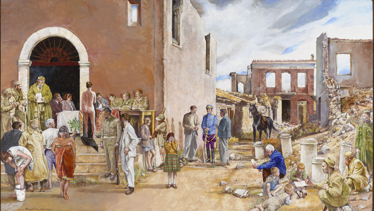 Αλέκος Λεβίδης, «Δίκη», 71x125 εκ., μικτή τεχνική σε ξύλο, 2025, συλλογή Α. και Α. Χατζηιωάννου. Πηγή εικόνας: Μουσείο Μπενάκη.